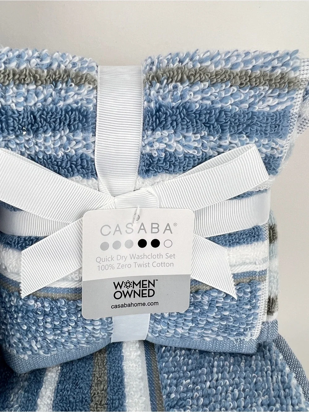 Casaba Bath Towel Set Blue White Taupe Striped Quick Dry Soft Cotton 8 Pc NEW